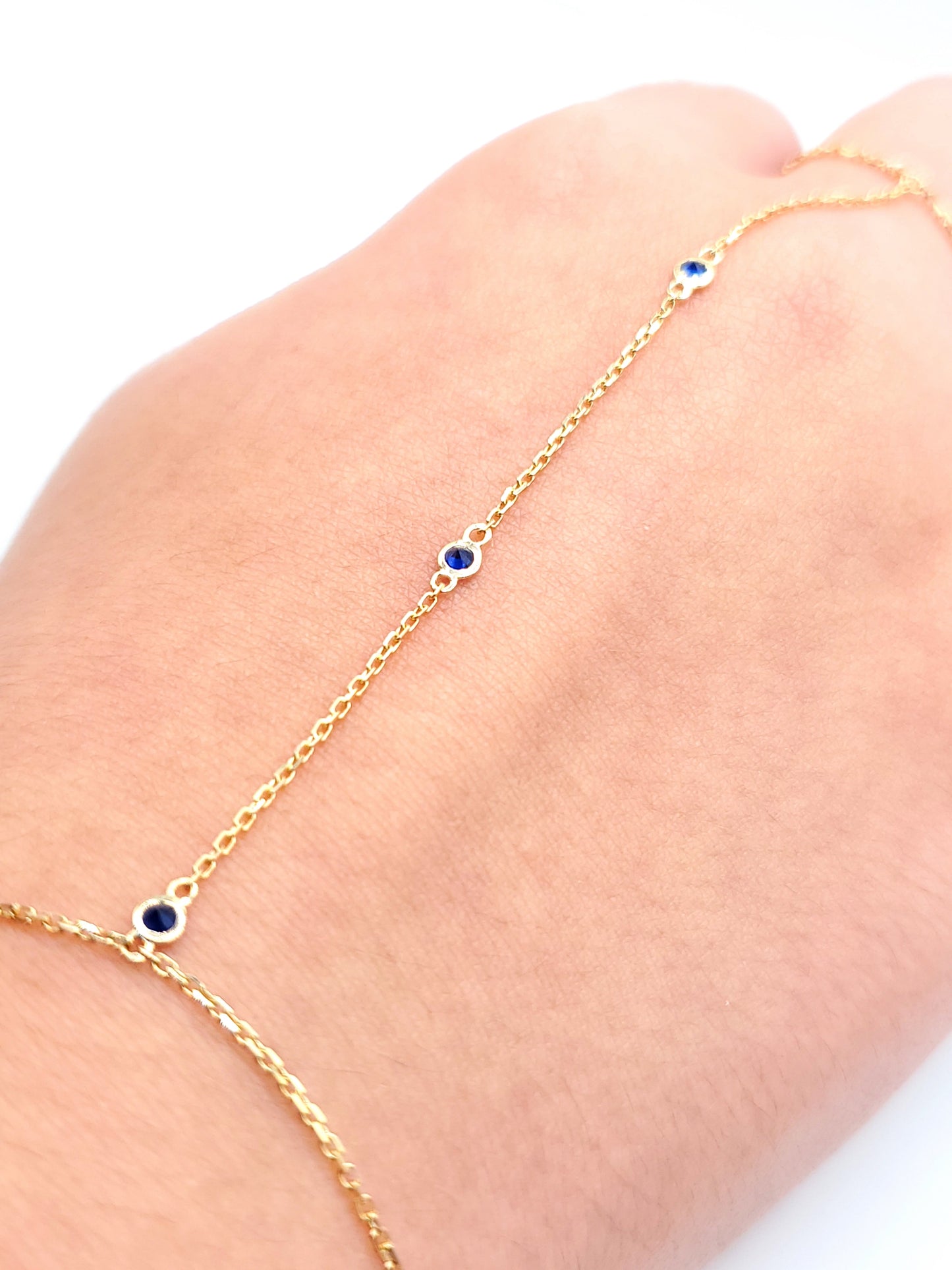 14k Gold Hand Chain with Sapphire Stones