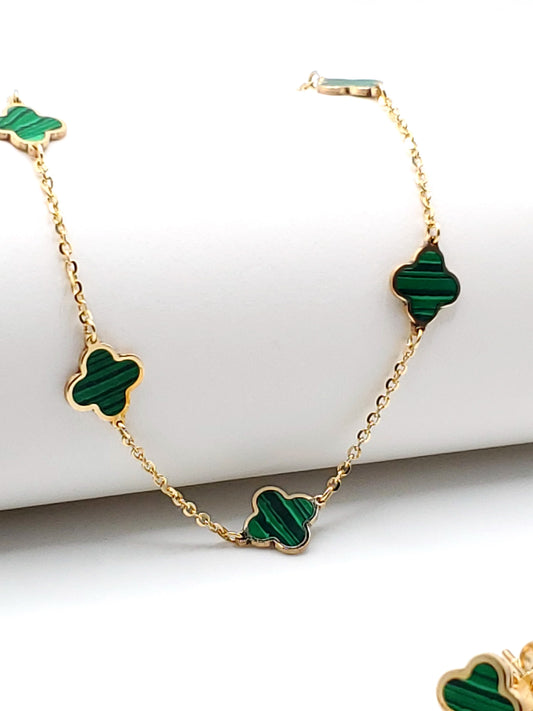 14k Gold Bracelet with Malachite Inlay Clovers