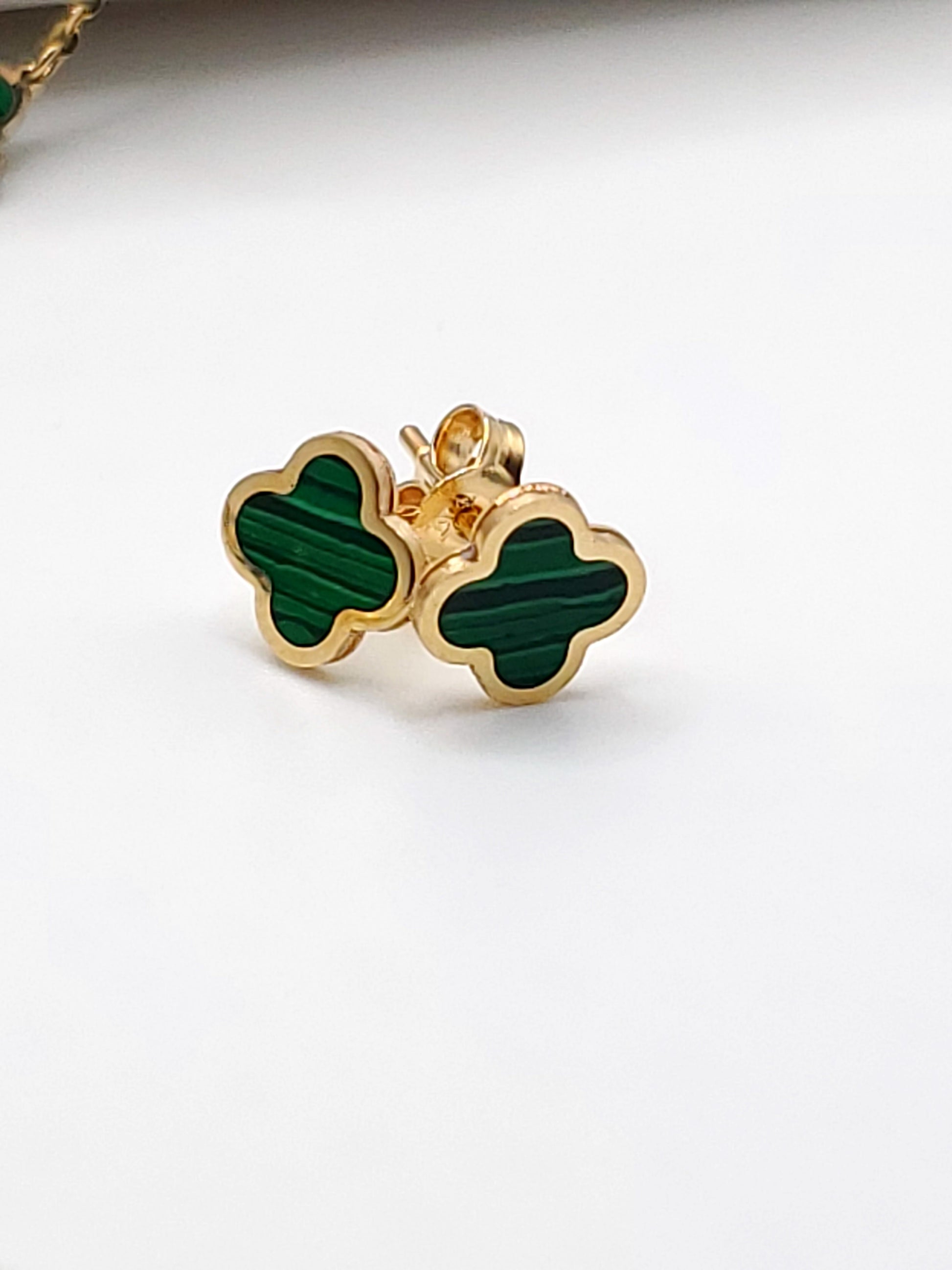 14k Gold Earrings with Malachite Inlay Clovers