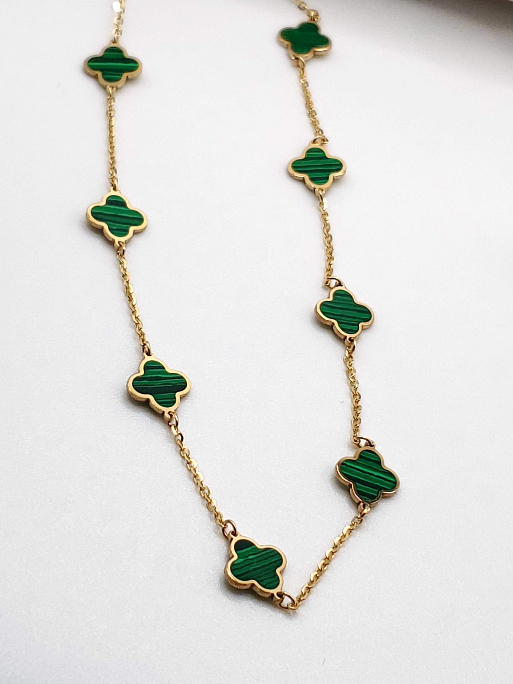 14k Gold Necklace with Malachite Inlay Clovers