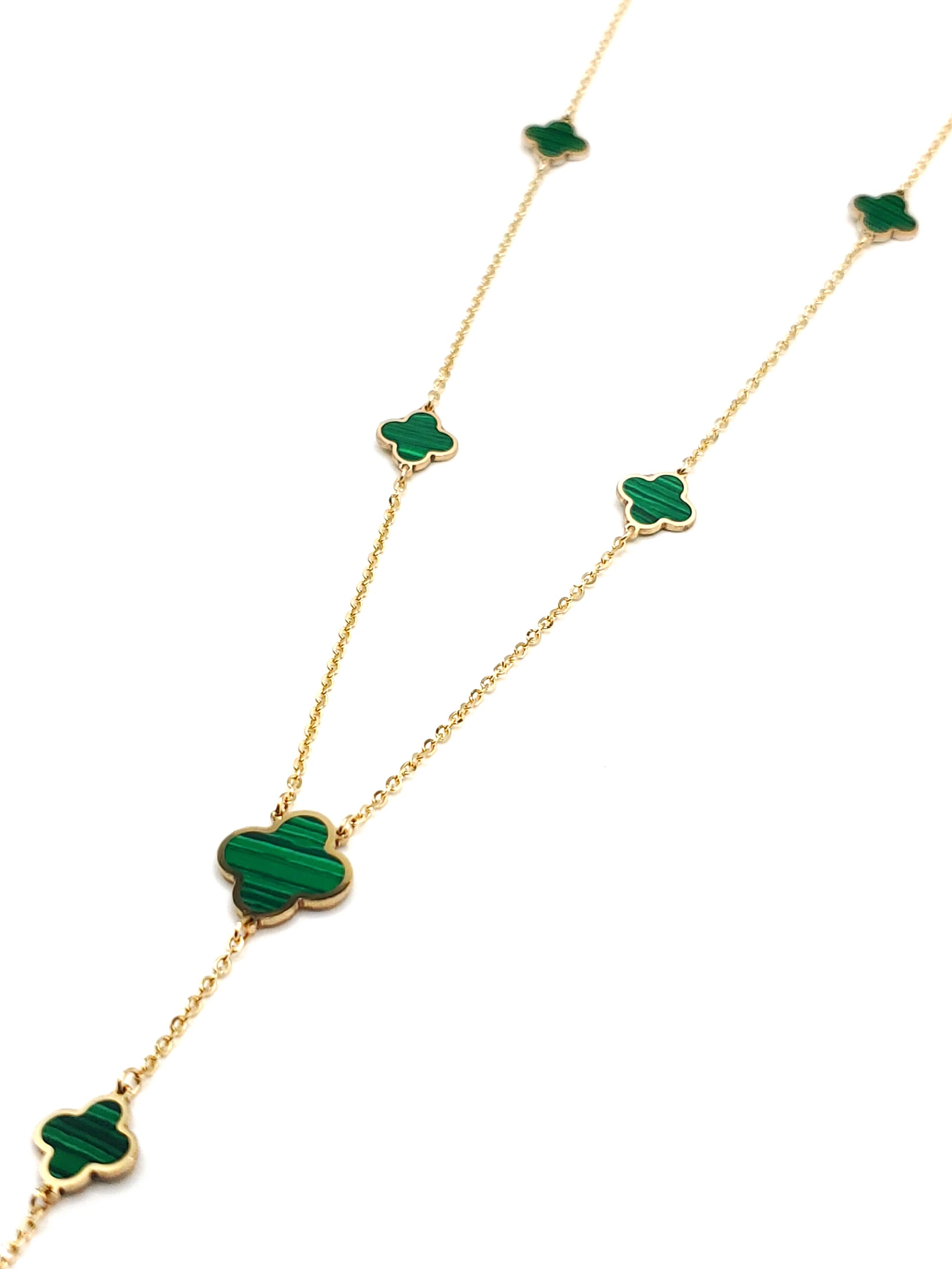 14k Gold Lariat Necklace with Malachite Inlay Clovers