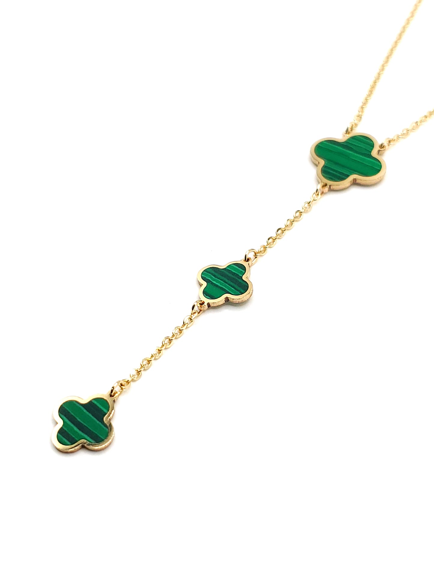 14k Gold Lariat Necklace with Malachite Inlay Clovers