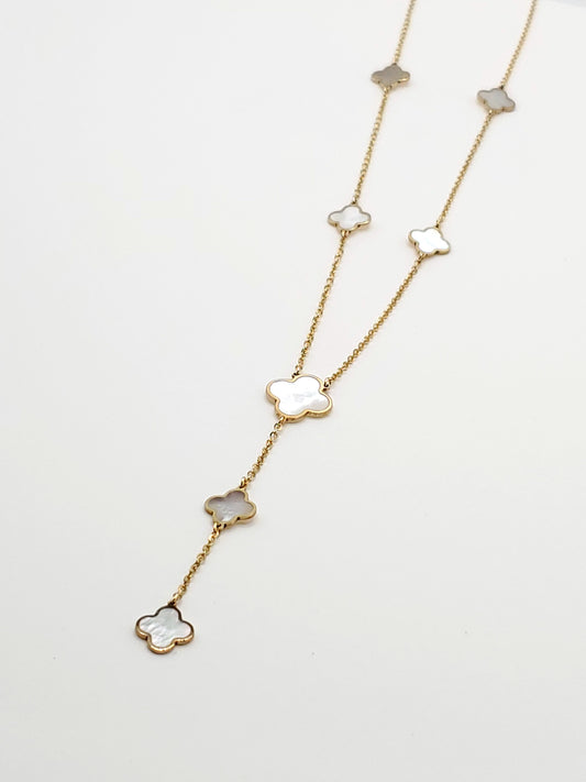 14k Gold Lariat Necklace with Mother-of-Pearl Inlay Clovers 