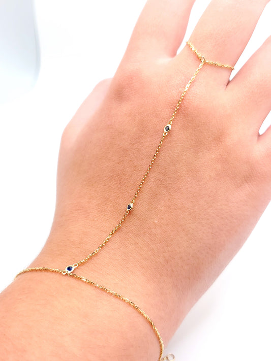 14k Gold Hand Chain with Sapphire Stones