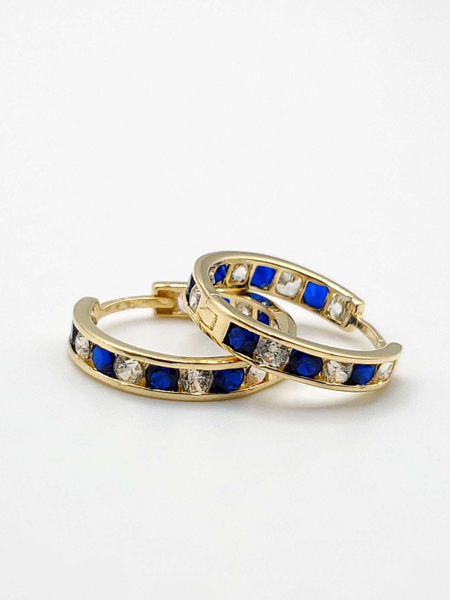 Medium 14k Gold Huggie Earrings with Sapphire CZ Stones