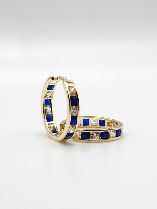 Medium 14k Gold Huggie Earrings with Sapphire CZ Stones