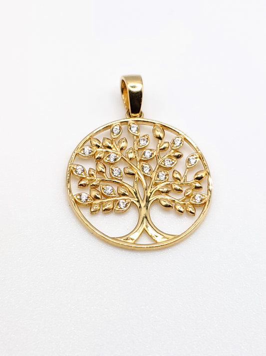 14k gold tree of life pendant with white cubic zirconia stones